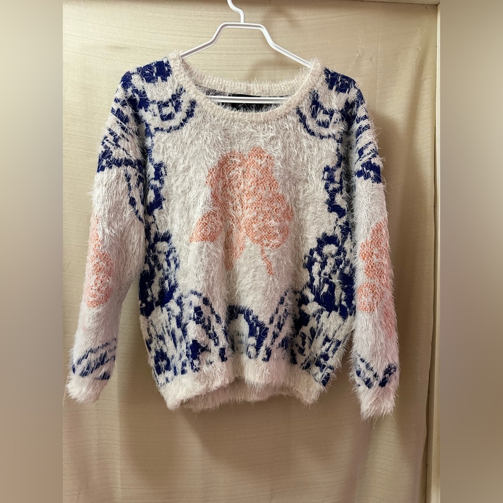 La Fée Verte Fuzzy Eyelash Knit Sweater Boho Artsy Pattern Small Blue Orange